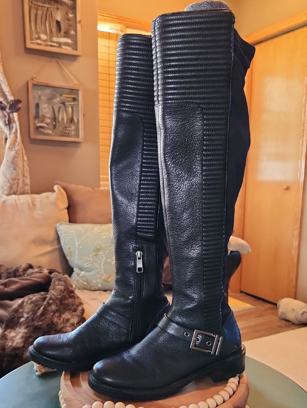 Women's Tall Black Leather Riding Boots with Buckle Detail